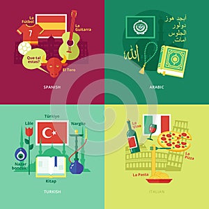 Set of flat design concept icons for foreign languages.