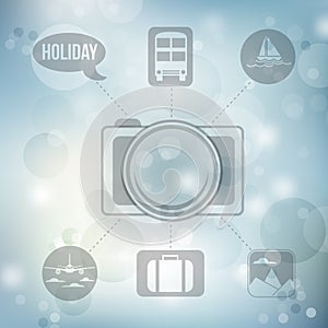 Set of flat design concept icons for holiday and travel on blurred blue background