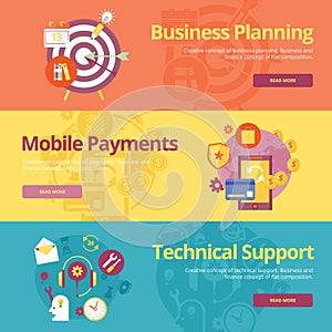 Set of flat design concepts for business planning, mobile payments, technical support.