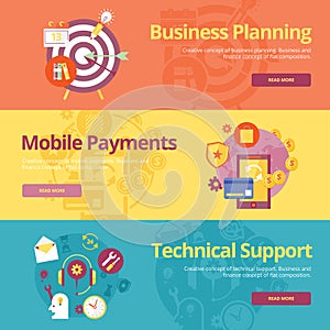 Set of flat design concepts for business planning, mobile payments, technical support. photo