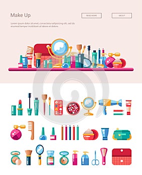 Set of flat design cosmetics, make up icons and