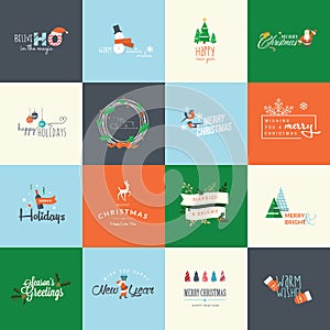 Set of flat design elements for Christmas and New Year greeting cards