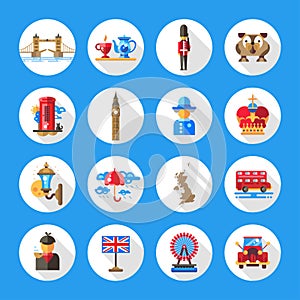 Set of flat design England travel icons