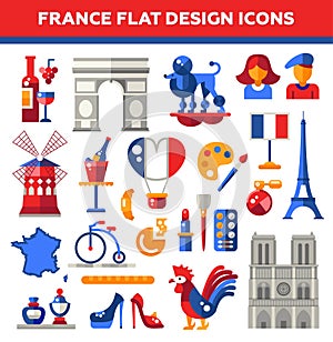 Set of flat design France travel icons