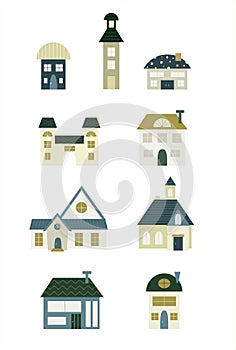 Set of flat design funny cartoon homes. Blue and cream houses. Home, building, home estate.