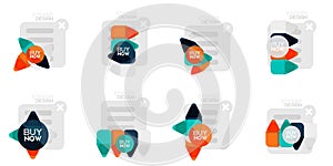 Set of flat design geometric stickers and labels, price tags, offer promotion badges, icon designs, paper style with buy