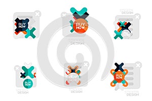 Set of flat design geometric stickers and labels, price tags, offer promotion badges, icon designs, paper style with buy