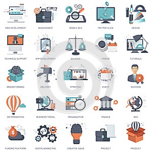 Set of flat design icons for business, pay per click, creative process, searching, web analysis, time is money, on line shopping.