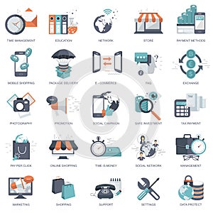 Set of flat design icons for business, pay per click, creative process, searching, web analysis, time is money, on line shopping.