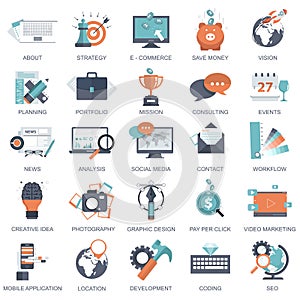 Set of flat design icons for business, pay per click, creative process, searching, web analysis, time is money