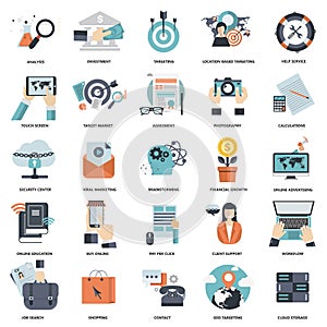 Set of flat design icons for business, pay per click, creative process, searching, web analysis, work-flow, on line shopping