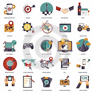 Set of flat design icons for business, pay per click, creative process, searching, web analysis, work-flow, on line shopping