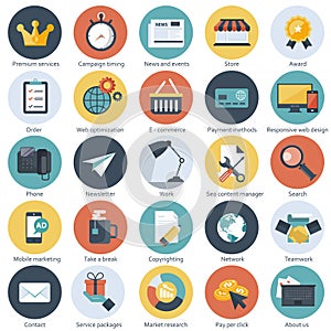 Set of flat design icons for E-commerce, Pay per click marketing, seo, responsive web design, reputation management and Internet m