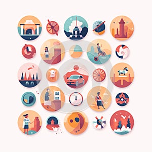 A set of flat design icons of people and places. Generative AI image.