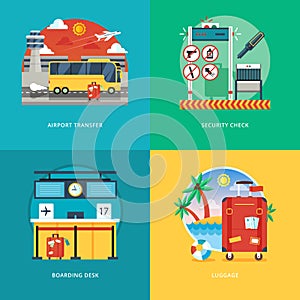 Set of flat design illustration concepts for airport transfer, security check, boarding desk, luggage service.