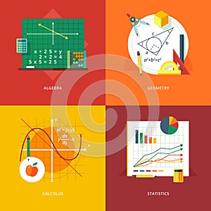 Set of flat design illustration concepts for algebra, geometry, calculus, statistics. Education and knowledge ideas. photo