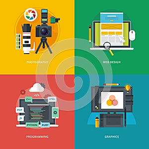 Set of flat design illustration concepts for photography, web design, programming, graphics. Education and knowledg