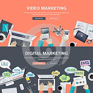 Set of flat design illustration concepts for video and digital marketing