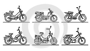 Set of flat design images of bicycle shape scooters and mopeds drawn in art line style