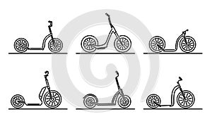 Set of flat design images of kick scooters with big wheels drawn in art line style