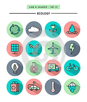 Set of flat design,long shadow, thin line ecology icons