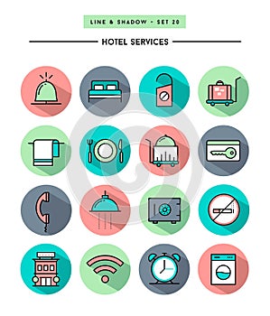 Set of flat design,long shadow, thin line hotel services icons