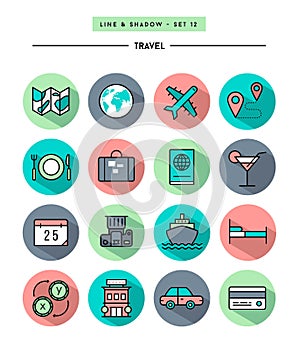 Set of flat design,long shadow, thin line travel icons