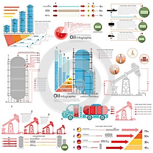 Set of flat design of oil derrick and gas rig infographics production delivery