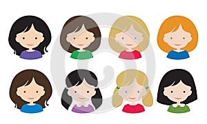 Set flat design of simple avatars female head with different hair styles and hair color, isolated on white background