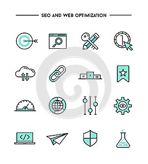 Set of flat design, thin line seo and web optimization icons