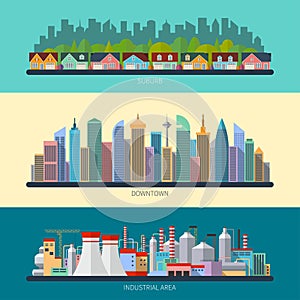 Set of flat design urban landscape illustrations