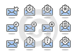 Set of flat email icons blue series.