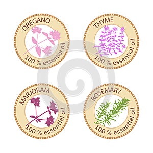 Set of flat essential oil labels. 100 percent. Oregano, Thyme, marjoram, rosemary