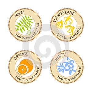 Set of flat essential oil labels. 100 percent. Ylang-ylang, neem, neroli, orange