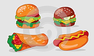 Set of flat Fast Food meal Icons. Vegetarian Burger, Burger, Shawarma, American Hot dog,