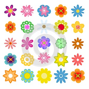 Set of flat flower icons in silhouette . Cute retro design in bright colors flowers.