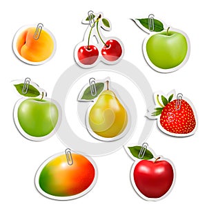 Set of flat fruit stickers with paper clips. photo