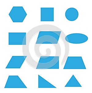 A set of flat geometric shapes circle, triangles, ellipse, trapezoid, rectangle, parallelogram
