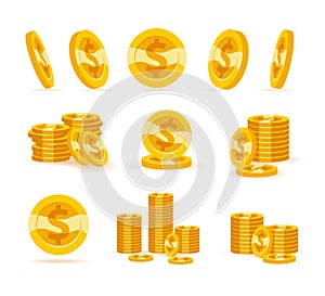 Set of flat golden coins isolated on white background.