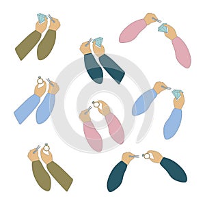 Set of Flat Hands with Gemstones and Rings. Vector Gestures in different positions. Cartoon Jeweler hand Showing, holding and