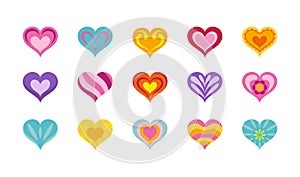 Set of flat hearts icons isolated on white background. Cute vector illustrations in bright colors for stickers