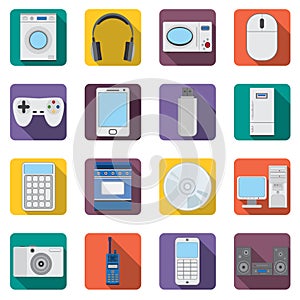 Set of flat home aplliances and electronic devices icons.