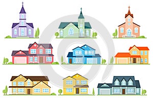 Set of flat icon suburban american houses and churches.