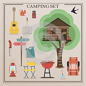 A set of flat icons for camping. Equipment for Hiking, mountaineering and camping-a set of icons and infographics. Tree