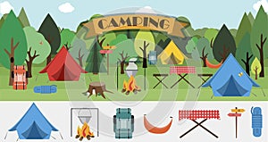 A set of flat icons for camping. Equipment for Hiking, mountaineering and camping-a set of icons and infographics. Tree