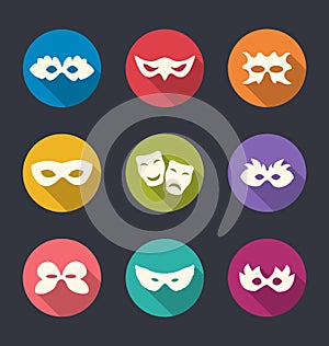 Set flat icons of Carnival or theatre masks with long shadows