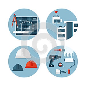 Set of flat icons about construction and engineering