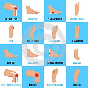 Set of flat icons with foot problems on white blue background isolated vector illustration