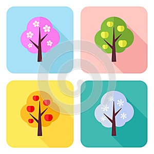 Set of flat icons with four seasons trees - spring, summer, autumn, winter