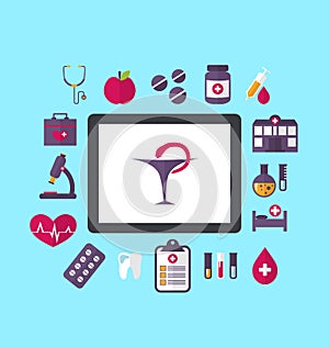 Set flat icons of objects medicine and chemical laboratory, concept of healthcare system